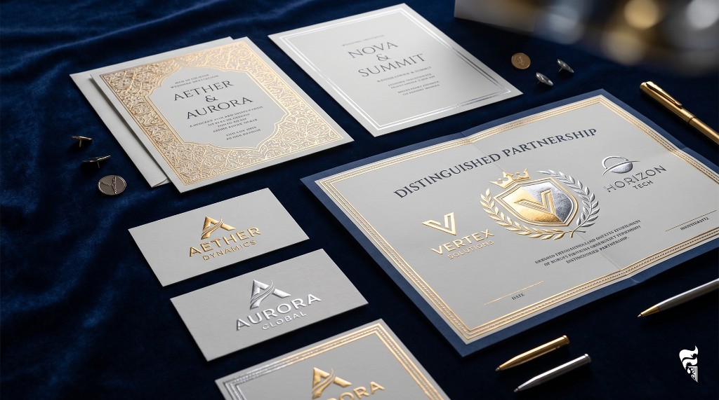 Golden and silver foil printing on premium stationery and certificates.